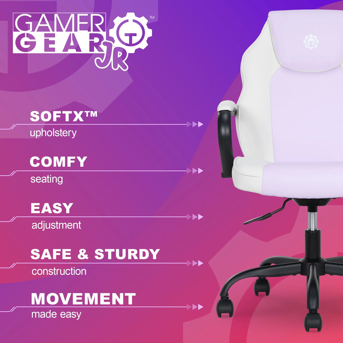 Gamer Gear Jr. Xplorer Gaming and Computer Chair, Kids and Teens Gaming Chair with Padded Arms, Adjustable Height, White and Black