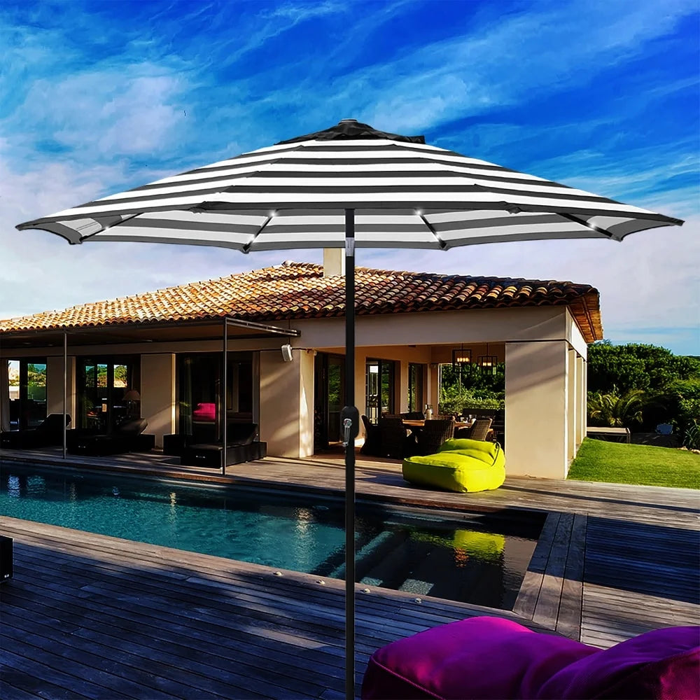Abble 9' Black and White Striped Octagon Lighted Patio Umbrella, LED Lights