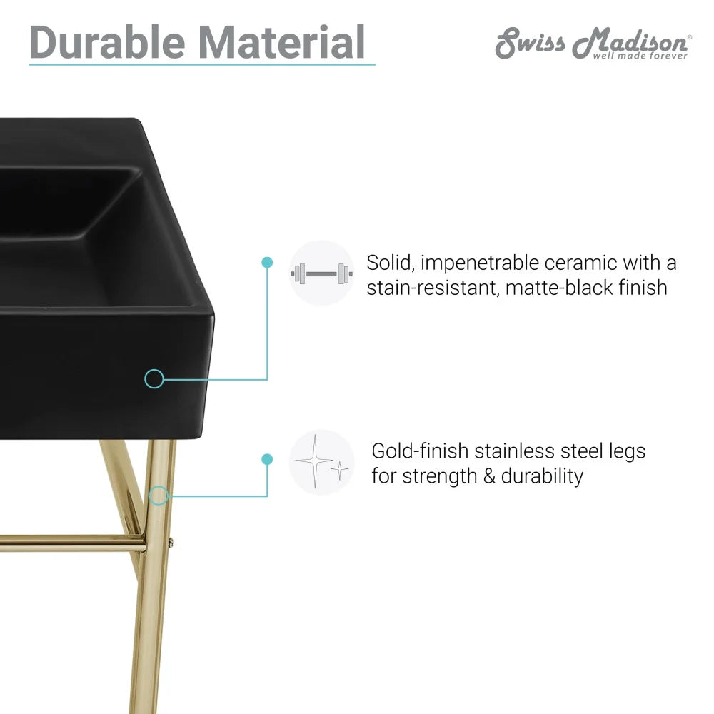 Claire 24 Ceramic Console Sink Matte Black Basin Brushed Gold Legs