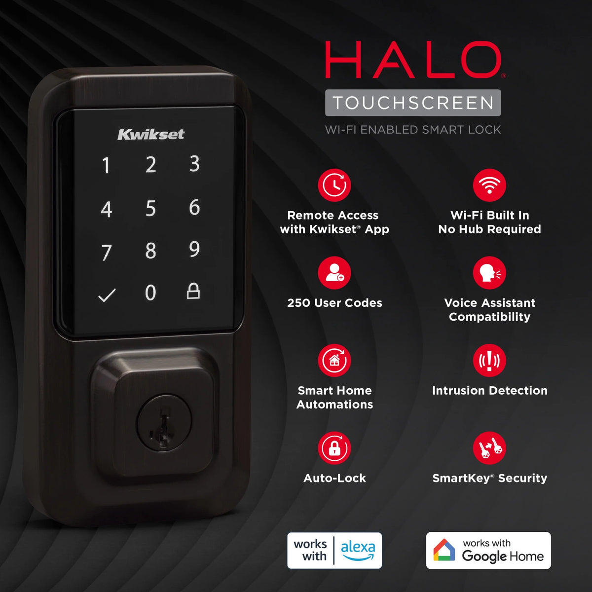 Kwikset Halo Touchscreen Wi-Fi Smart Deadbolt Hardware Lock with Smartkey Satin Nickel