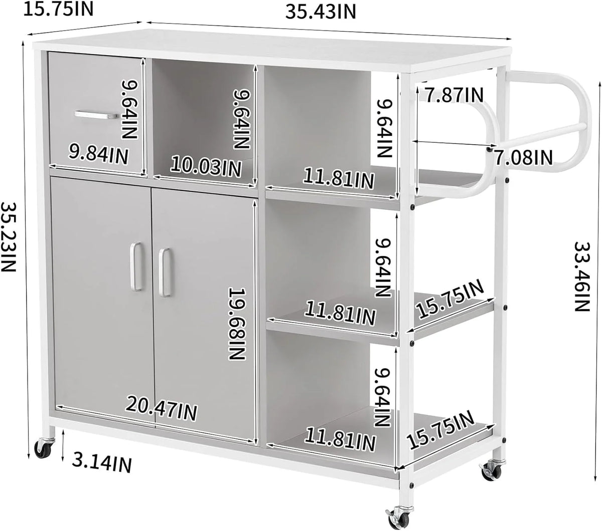 Kitchen Storage Cabinet,Storage Racks, Kitchen Island on 4 Wheels,Mobile Kitchen Table Suitable for displaying Small appliances, for Dining Room Kitchen,Gray