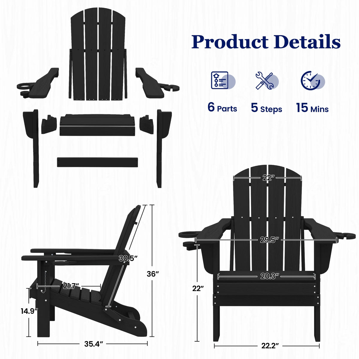 SERWALL Folding Adirondack Chair Set with Dual Cup Holders & Phone Holder, All-Weather HDPE Fire Pit Chairs for Outdoor, Patio, Poolside, Garden - Black