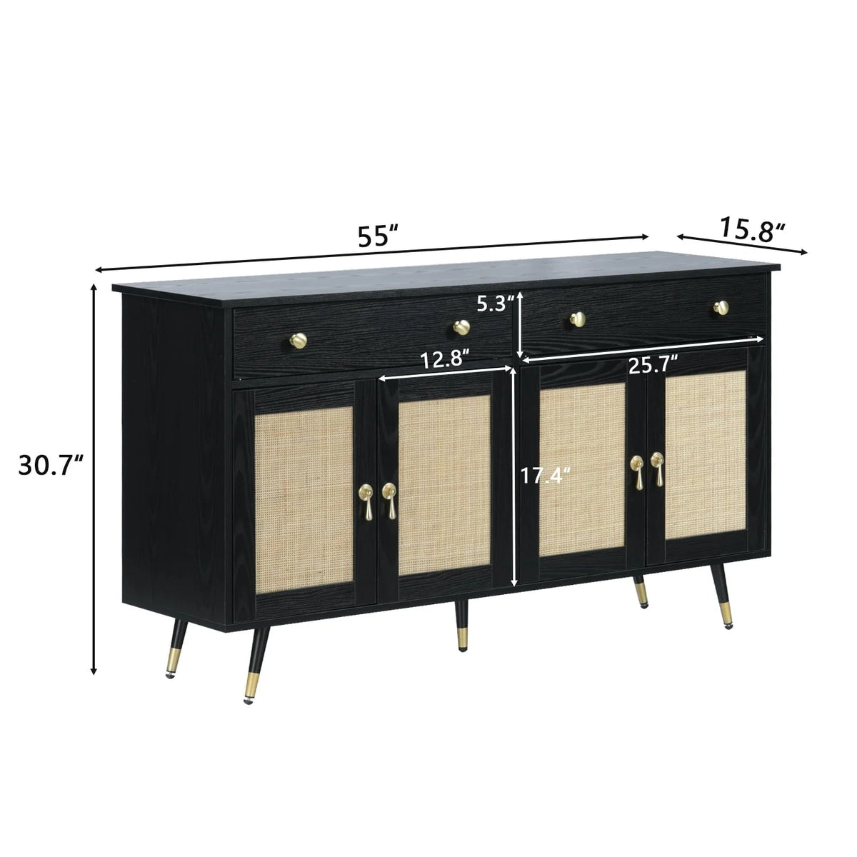 Catrimown Sideboard Buffet Cabinet, 2 Drawer and 4 Rattan Door Sideboard Storage Cabinet, Black
