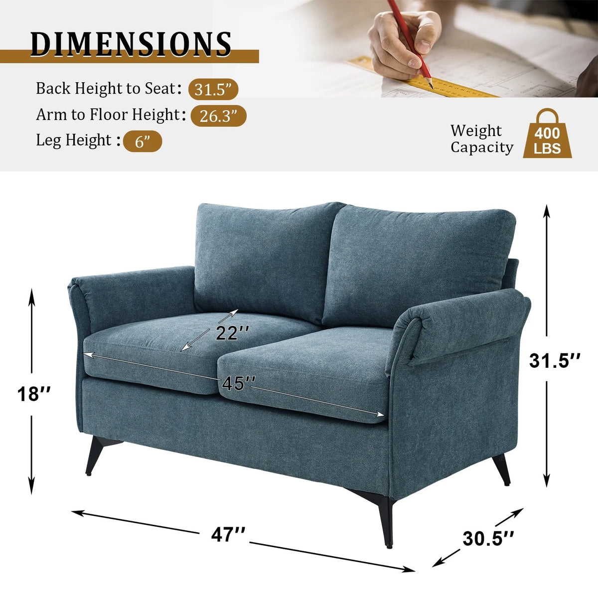 Fairyland Modern Sofa for Living Room, Small Loveseat for Small Space, Easy to Install, Blue