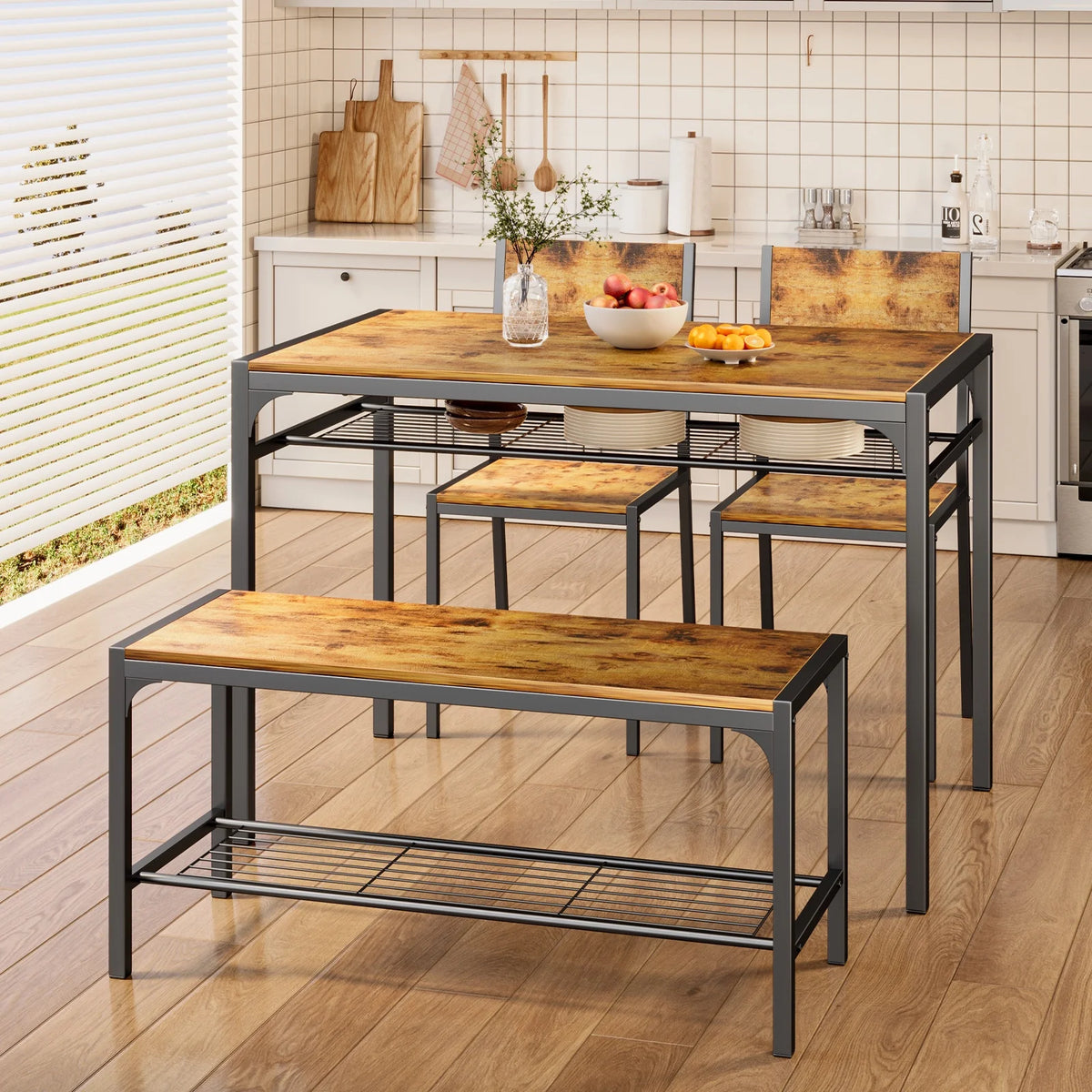 Lofka Dining Table Set for 4, Kitchen Table and Chairs Set with Bench for Small Space,  Breakfast Nook, Black