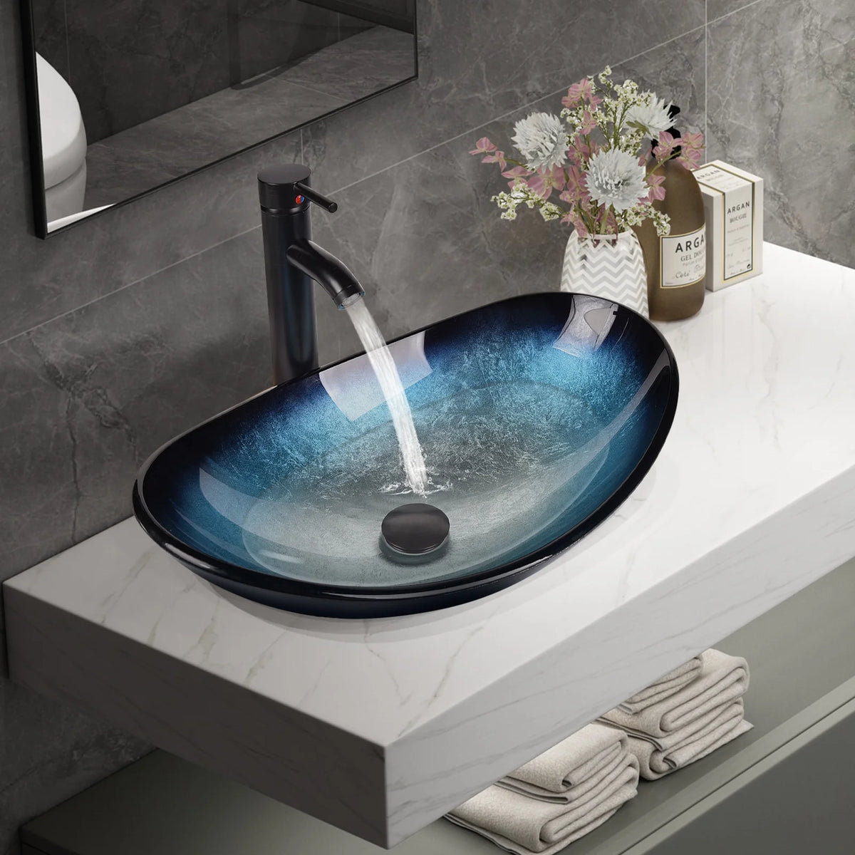 FULLWATT Bathroom Ceramic Sink Vanity Vessel Basin Porcelain Faucet Drain Combo Rectangle,White