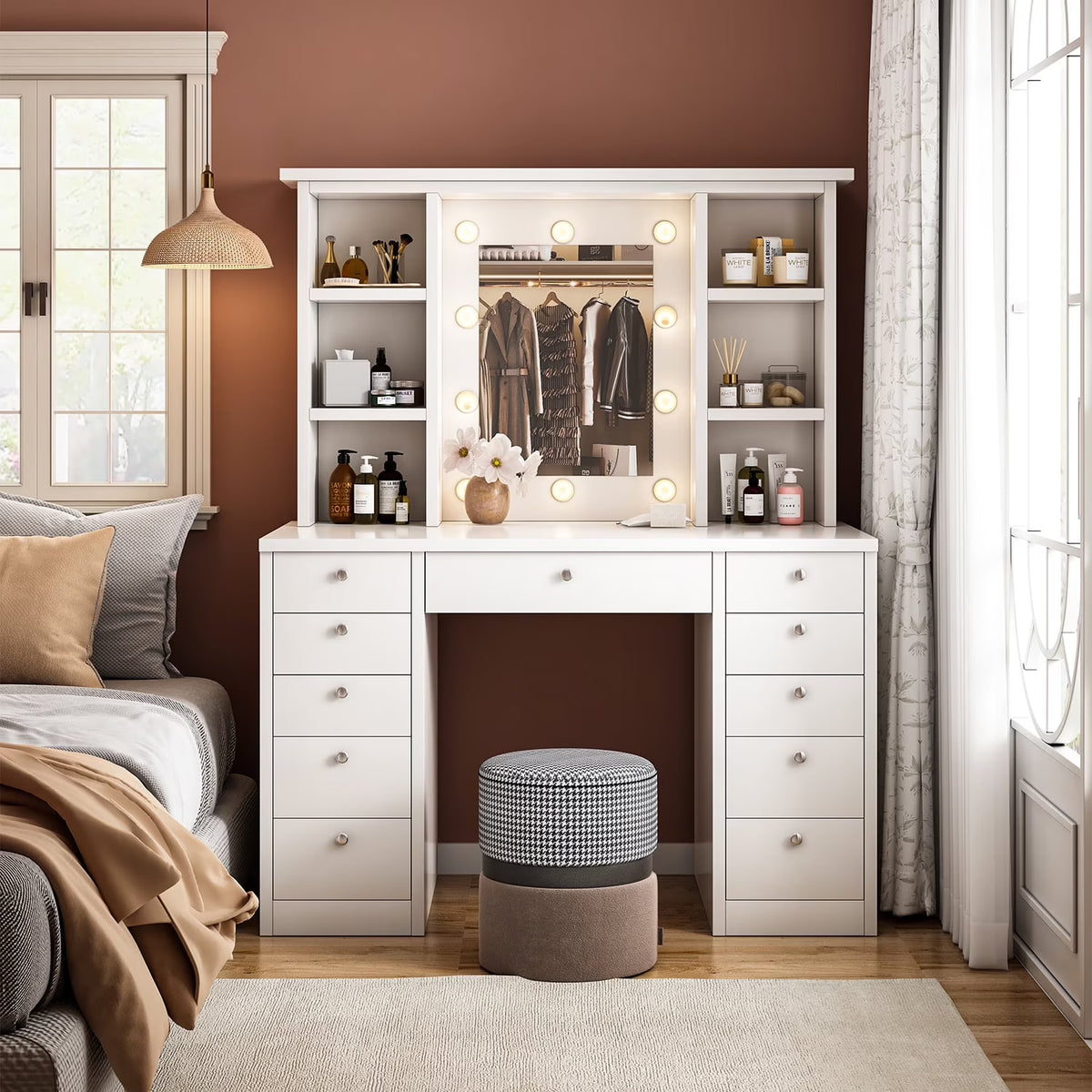 Makeup Vanity Desk with LED Mirror, 11 Drawers & Shelves, 3 Color Modes & Adjustable Brightness