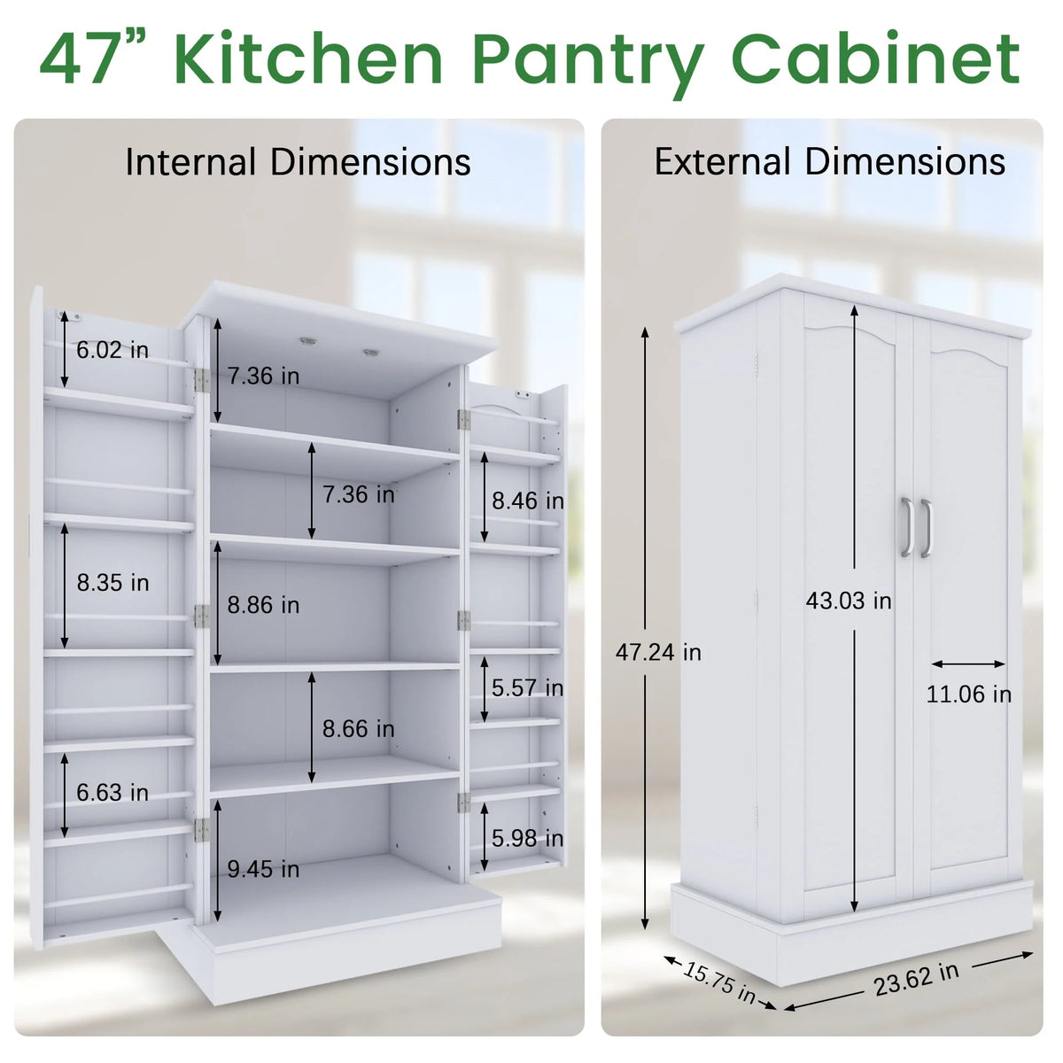 47 Kitchen Pantry Cabinet, White Buffet Cupboards Sideboard with Doors & Adjustable Shelves, Kitchen