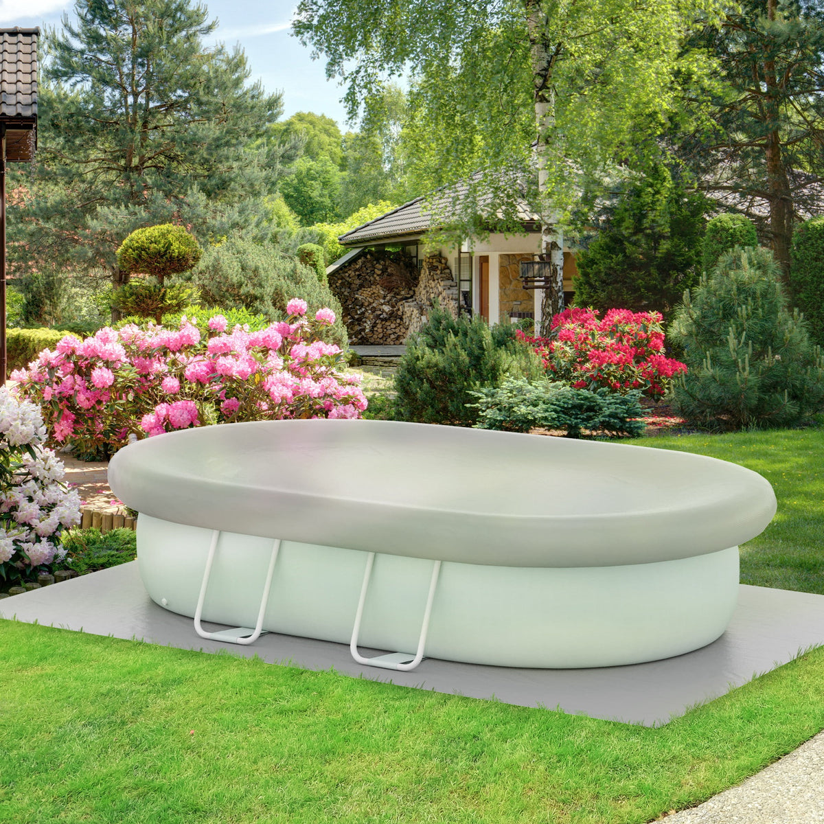 Outsunny Above Ground Swimming Pool, Semi-Inflatable Frame Pool, Brown