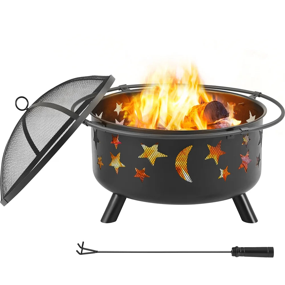 Yaheetech 30'' Outdoor Iron Round Fire Pit, Black, Wood