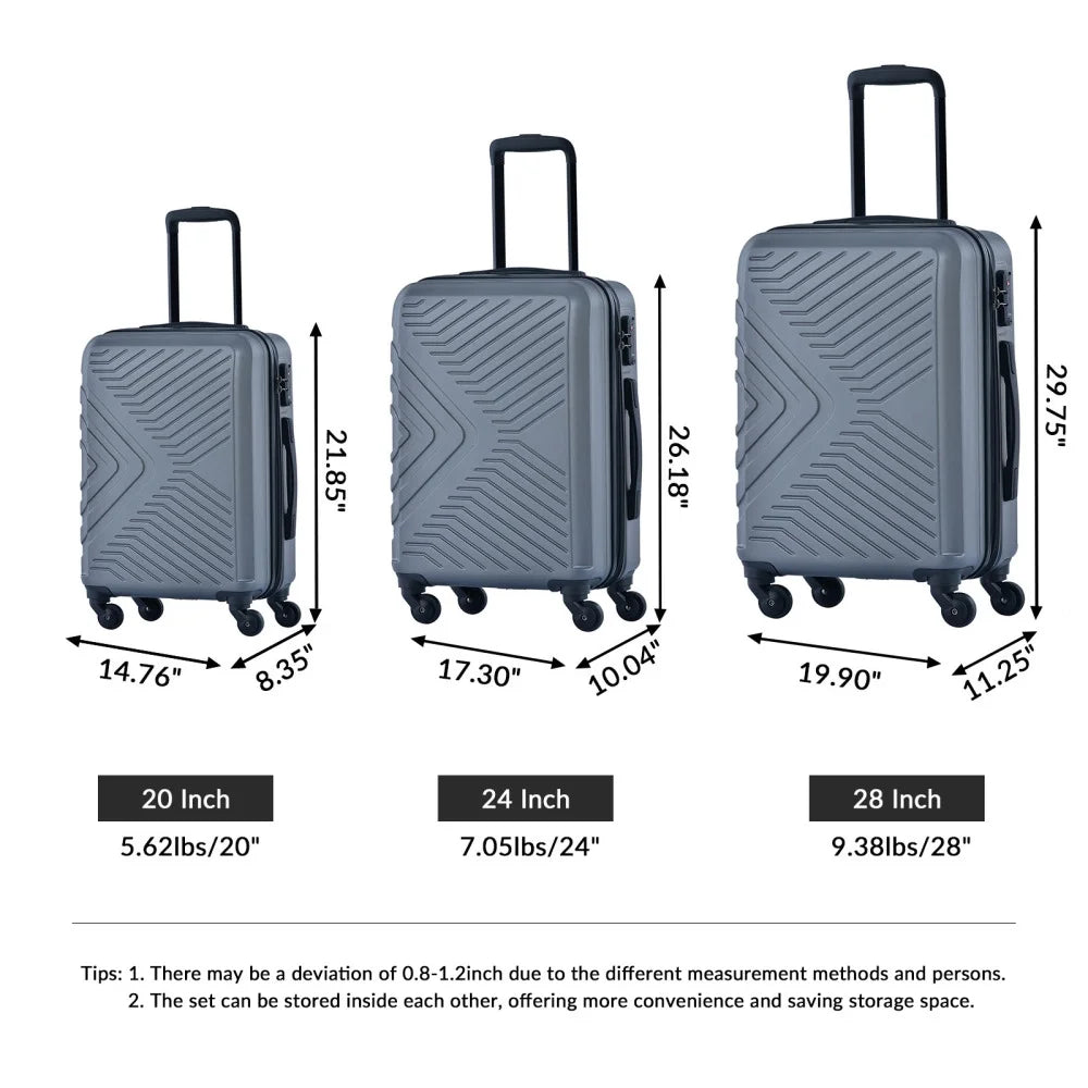 3 Piece Luggage Sets, ABS Lightweight Suitcase(20/24/28), Carry on Hard-Shell Luggage with 2 Hooks, Telescopic Handle, Spinner Wheels and TSA Lock, Yellow