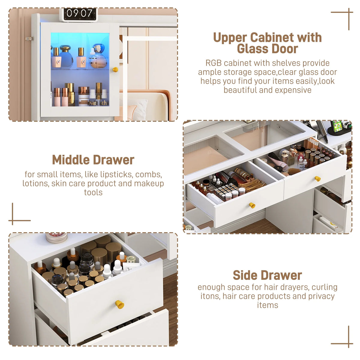 Blotout 62'' Large Vanity Desk w/60000-color LED Lights, Tempered Glass Top, Power Outlet, Makeup Vanity Table w/ 3 Lights Mode Mirror, 9 Drawers, 2 RGB Cabinets, LED Dressing Table for Girls, Women