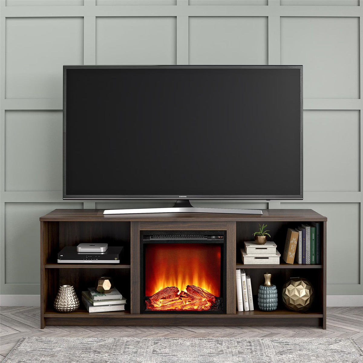 Mainstays Fireplace TV Stand for TVs up to 65", Black Oak