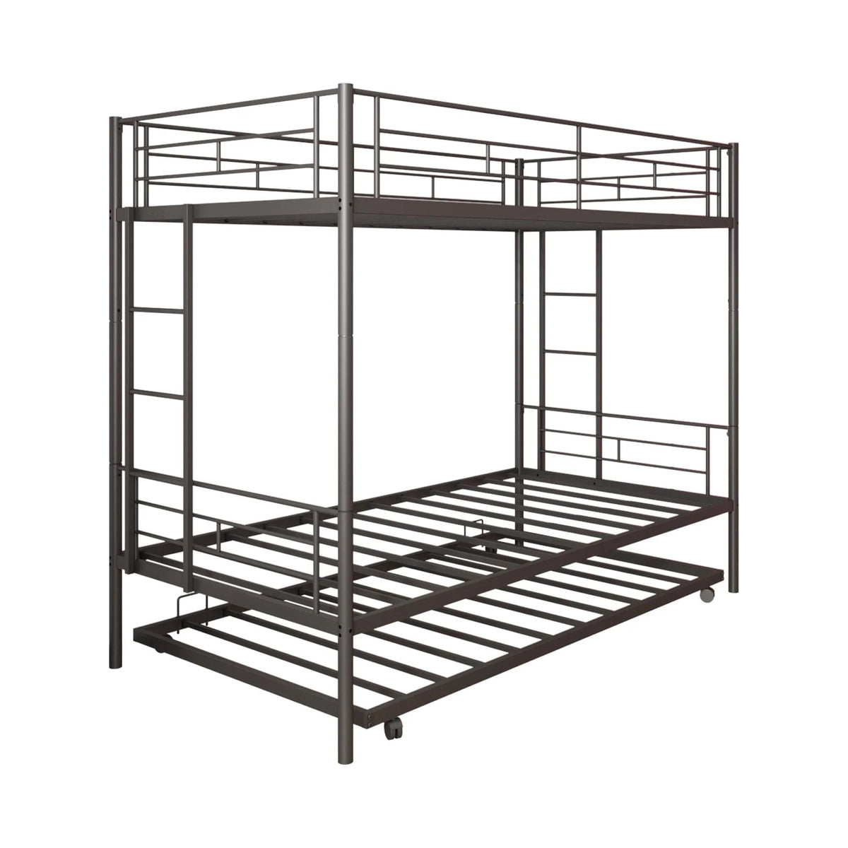 Twin Over Twin Bunk Bed with Trundle, Metal Twin Bed with Safety Guard Rail and Ladders, Space-Saving Design Sleeping Bedroom Bunk Bed for Boys, Girls, Kids, Young Teens and Adults, Easy Assembly, K92