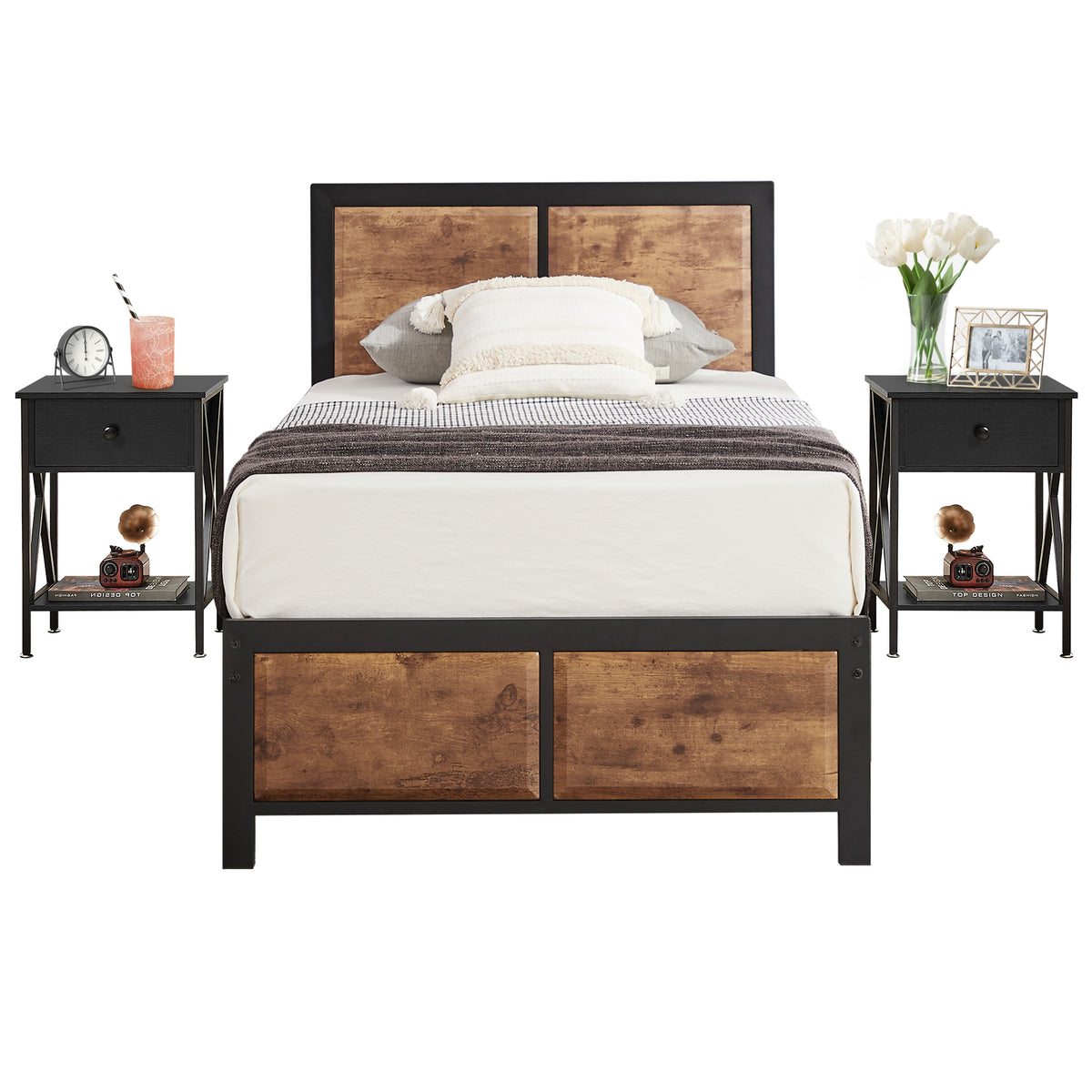 VECELO 3-Piece Bedroom Set with Twin Size Bed Frame and 1-Drawer Black Nightstands