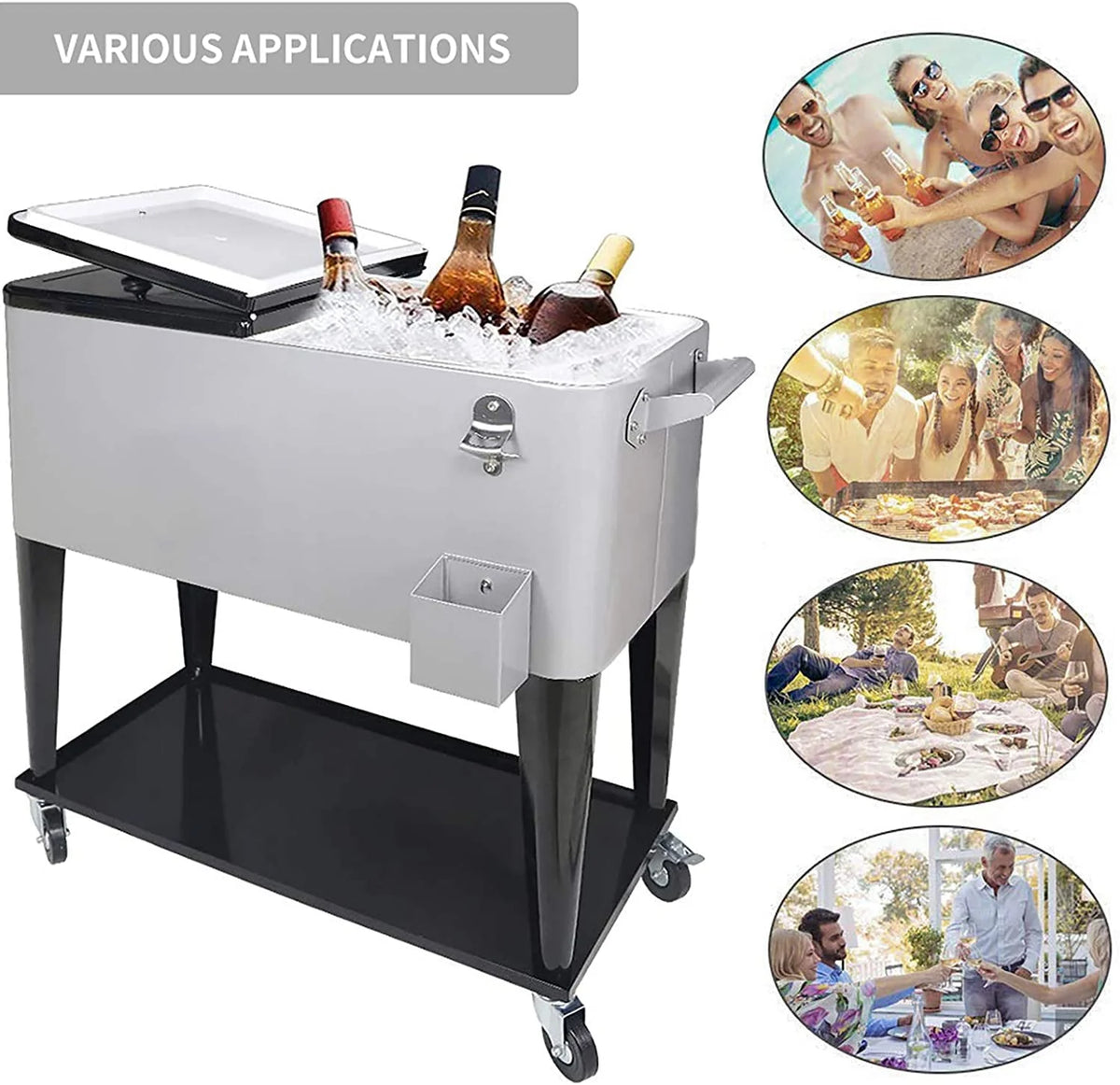 FreeLung 80QT Rolling Cooler Cart with Wheels Ice Chest Outdoor Backyard Coolers on Wheels Silver