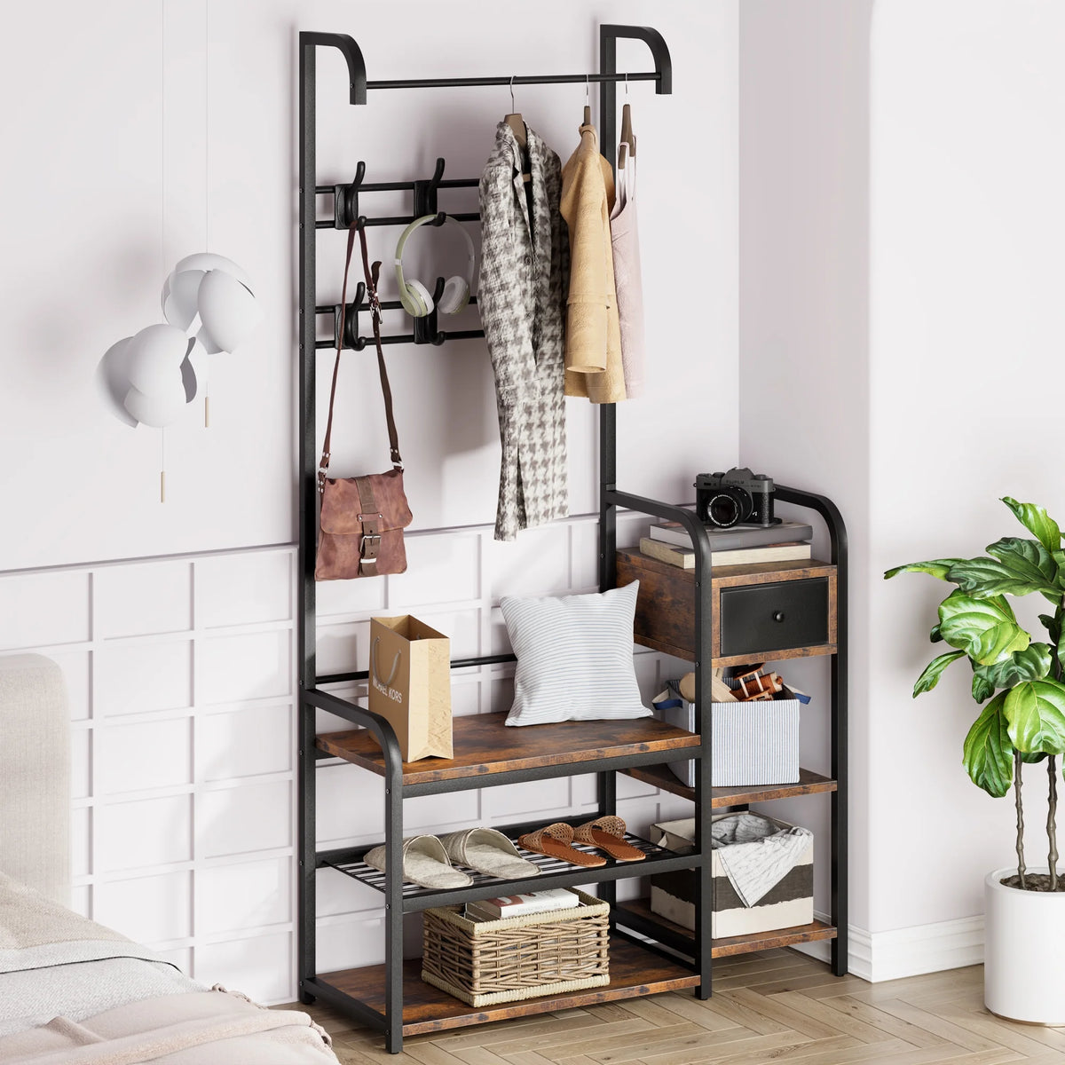 Zzistar Hall Tree Storage Bench, Coat Rack Shoe Bench with Storage Drawer, 5 in 1 Coat Tree Storage Shelf with 8 Hooks