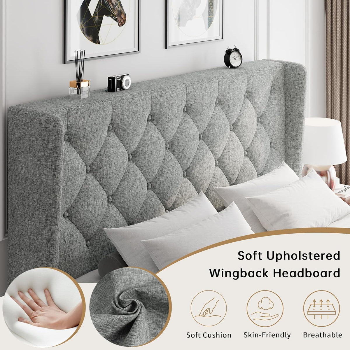 iPormis Full Size Bed Frame with Diamond Button Tufted Wingback Headboard, Upholstered Platform Bed Frame with Strong Wood Slat Support, Light Gray