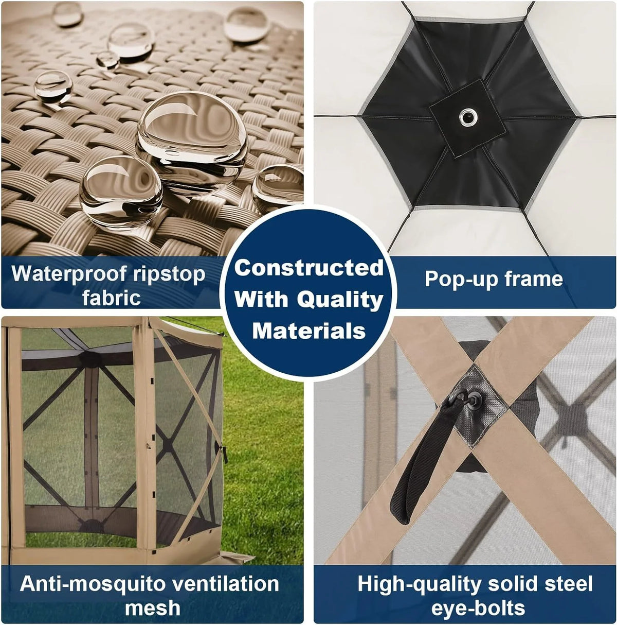 COBIZI 12x12ft Pop-up Gazebo Screen Tent Screen House with sidewalls and Mosquito Netting for Camping, Waterproof, UV Resistant, EZ Set-up Party Canopy with Carrying Bag and Ground Stakes, Brown