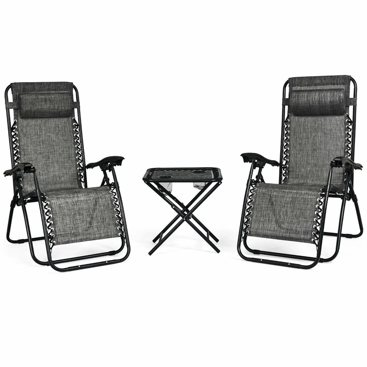 Gymax 3PC Zero Gravity Reclining Lounge Chairs Pillows Table Portable Folding Beige