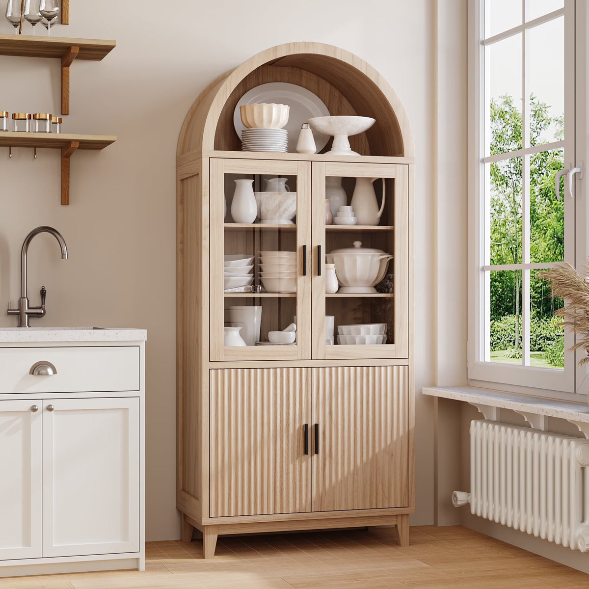 VEANERWOOD 71" Tall Arch Cabinet, Wood Fluted Kitchen Kitchen Storage Cabinet with 4 Doors and 6 Shelves for Dining Room Living Room