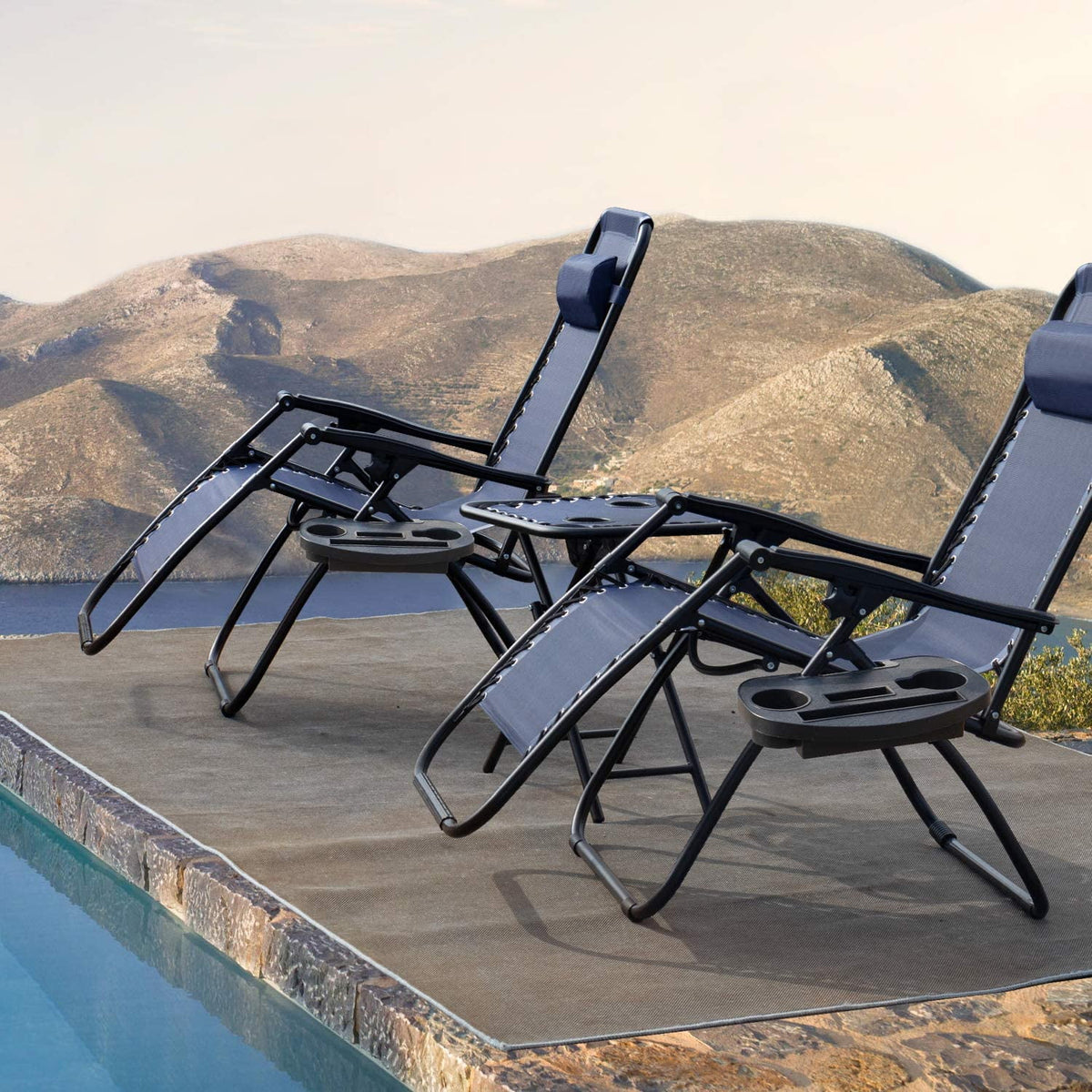 Vineego 3 Pieces Zero Gravity Chair Patio Foldable Chaise Lounge Chairs 2 Beach Chairs and Table with Cup Holders,Beige