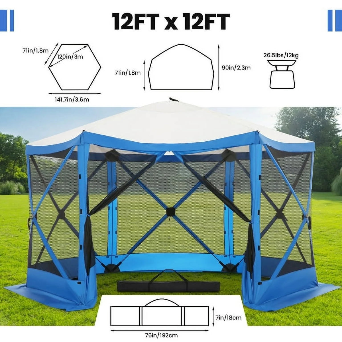SANOPY 12'x12' Gazebo Outdoor Pop up Gazebo Screen Tent with 6 Sides Mosquito Netting Camping Gazebo Instant Shelter Glamping Tent with Carry bag, Ground Spike, Gray