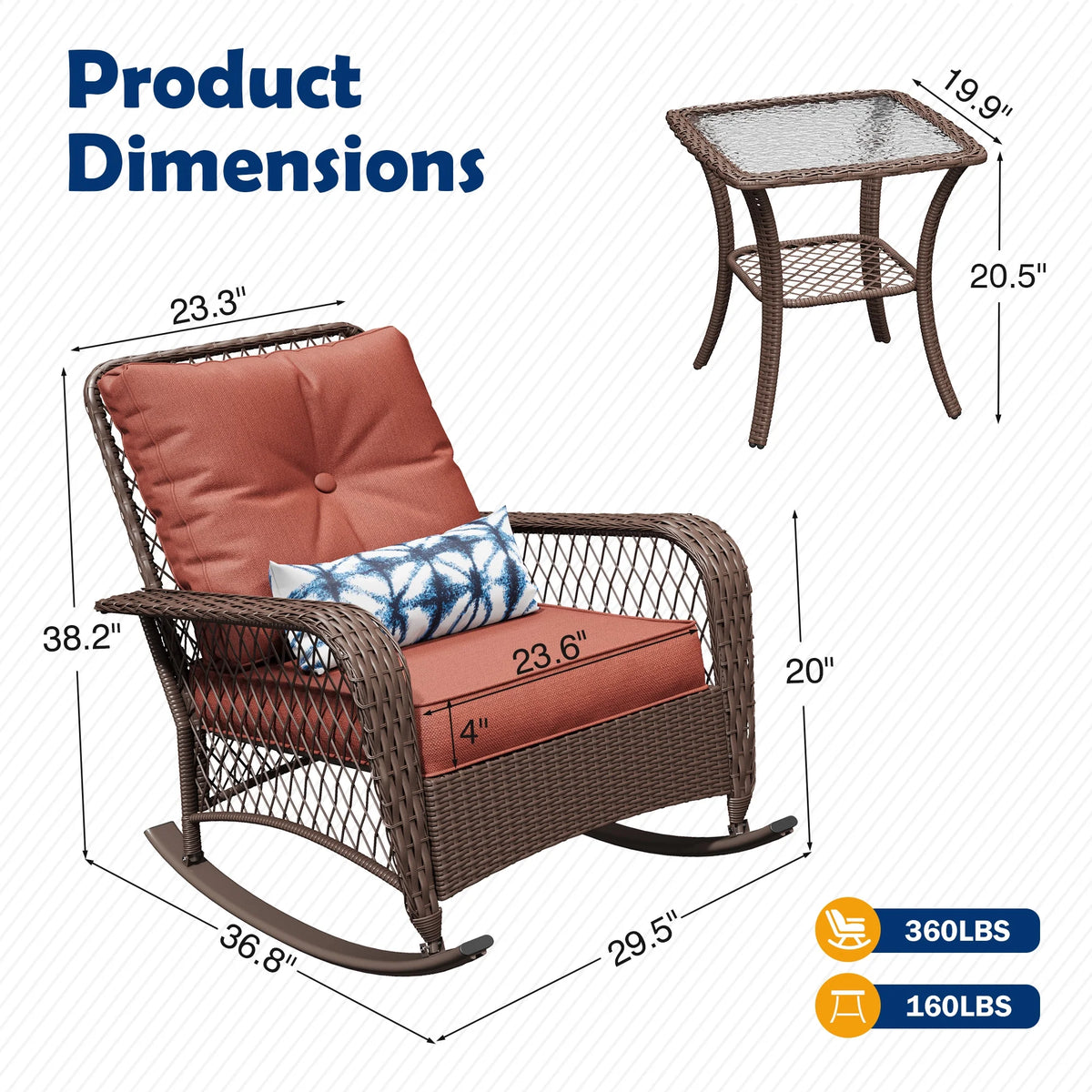 ELPOSUN 3-Piece Outdoor Rocking Chairs, Wicker Patio Furniture with Thickened Cushions and Table for Porch