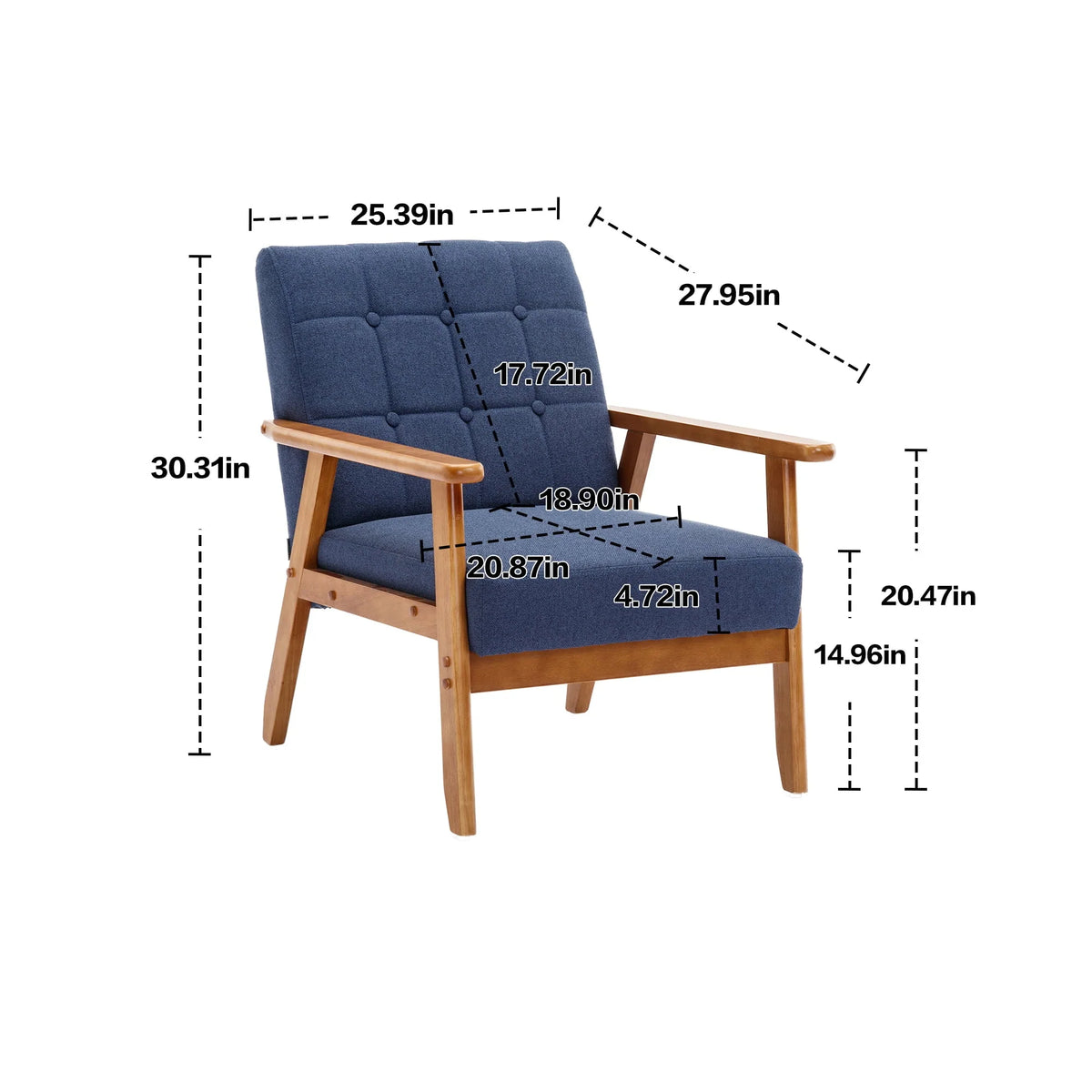 Ufurpie Mid Century Modern Armchair with Wood Frame,Linen Fabric Comfy Reading Chair,Accent Chair for Living Room Bedroom,Navy