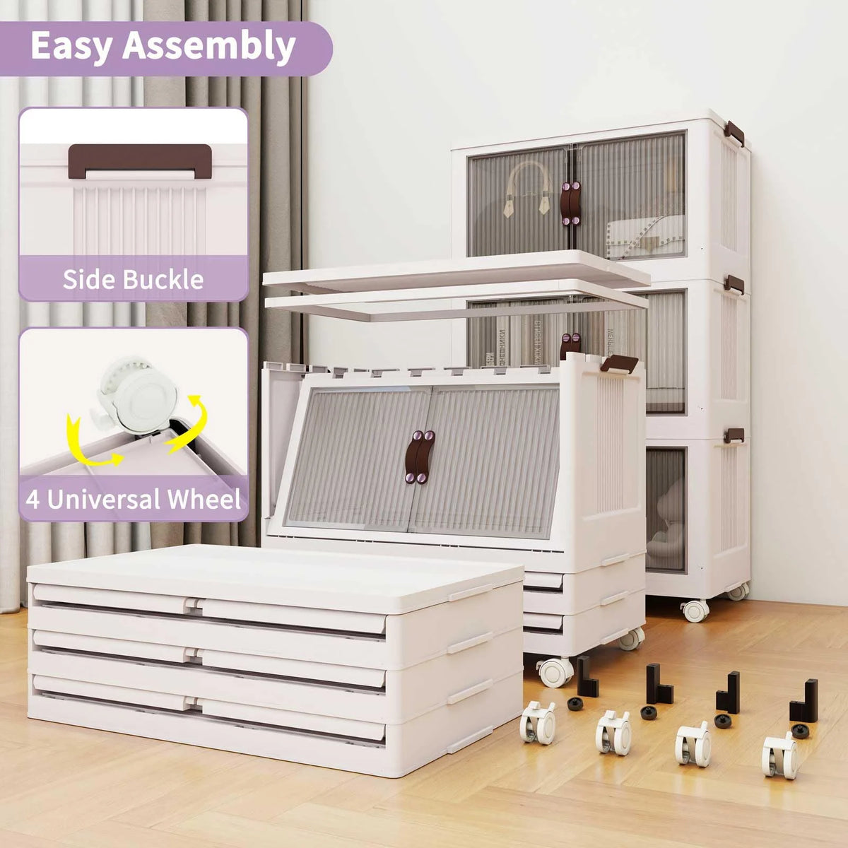 252Qt Storage Bins With Lids-Stackable Plastic Storage Bins on Wheels, Closet Organizers and Storage,Collapsible Storage Cabinet with Doors for Office Garage Kitchen Under Stairs,Larger 3Tier