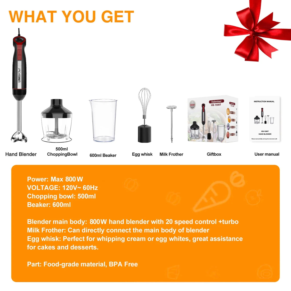 LINKChef Immersion Blender, 20-Speed Hand Blender, 800W 5-in-1 Immersion Hand Blender, Stick Blender with Turbo Mode, Baby Food Processor with Chopper, Blender for Kitchen with 600ml Beaker (Black)