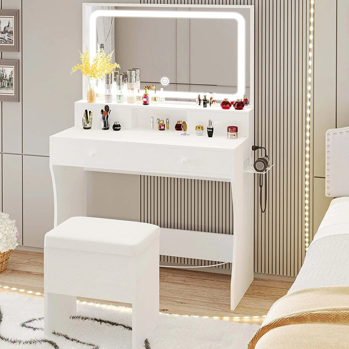 LIKIMIO Vanity Desk with LED  Mirror, Bedroom Makeup Table with 4 Drawers, Storage Stool, White