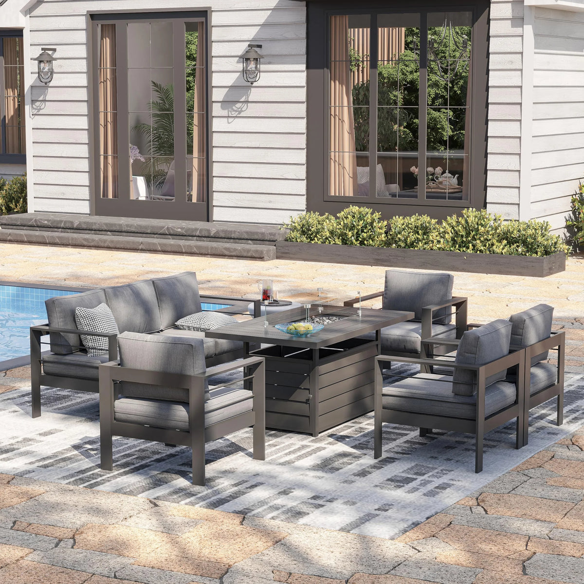 CozyHom 5 Pcs Outdoor Patio Aluminum Furniture Sofa Sets, Outside Patio Conversation Couch Sets With Table&Cushions for Garden Porch, Gray