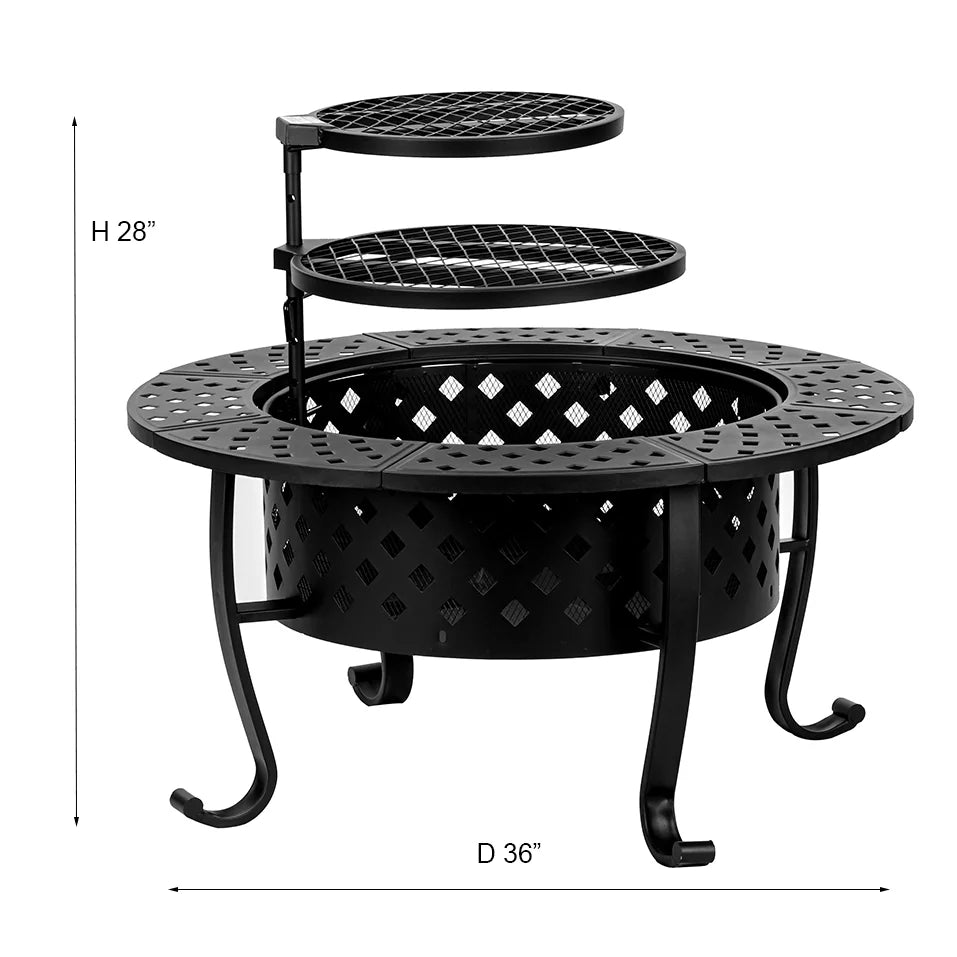 Outvue 36 inch Metal Fire Pit with 2 Grill and Lid for Outside, Garden