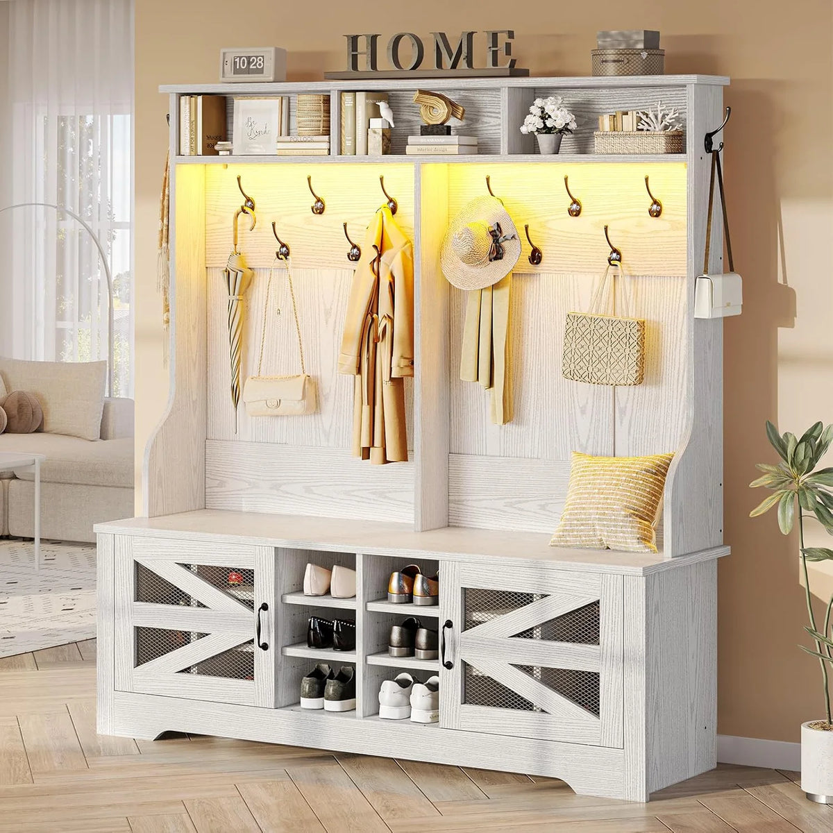 Hall Tree with Coat Rack and 16 Shoe Cubbies, 5-in-1 Entryway Bench with Bench and Shoe Storage, Barn Door & Adjustable Shelf, Embossed White