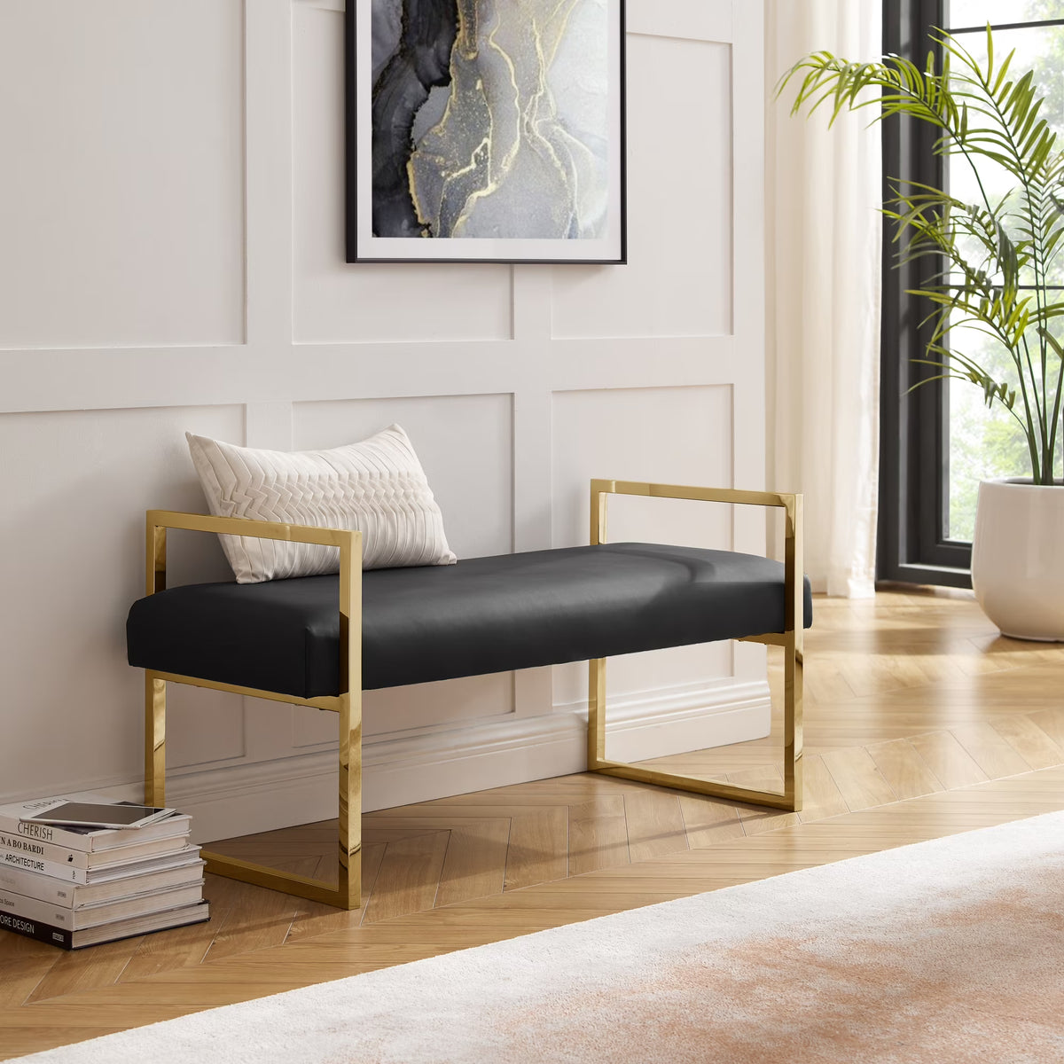 Madisen Velvet Bench with Gold Frame, Navy