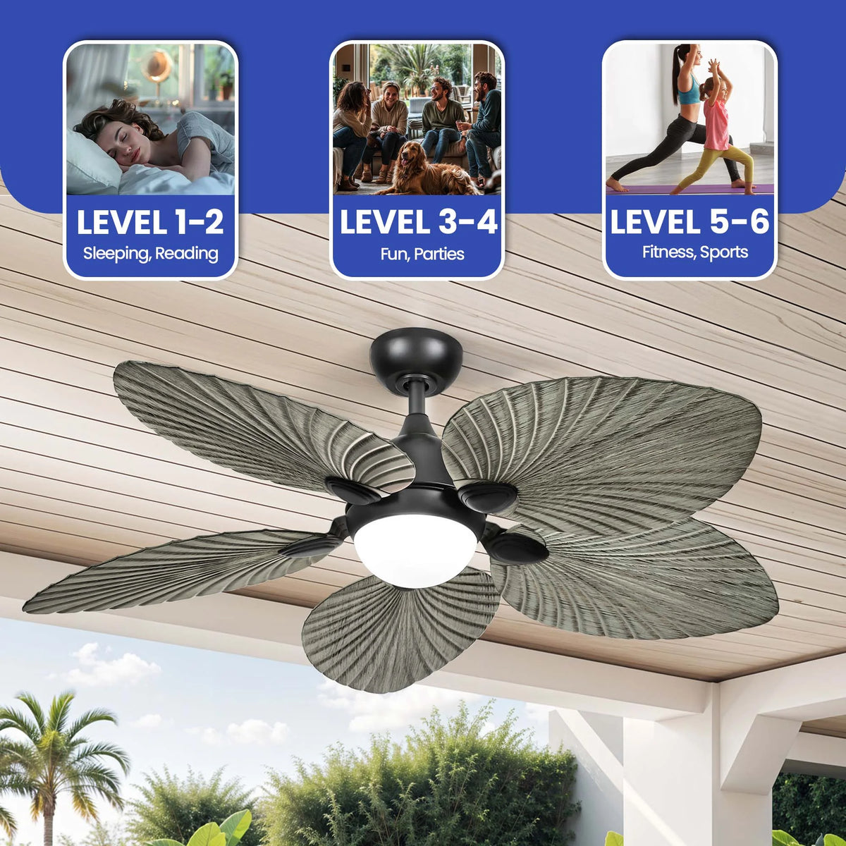 ModFusion 52" Gray Black Coastal Ceiling Fan with Palm Leaf Blades, LED Light & Remote �C Quiet Reversible DC Motor Indoor/Outdoor