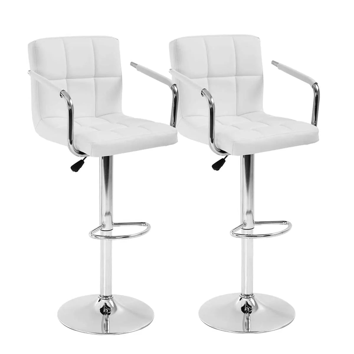 Set of 2 PU Leather Bar Stools Armrest Counter Stools Swivel Square Counter Height Barstools with Armrest Adjustable Hydraulic Bar Chairs with Upholstered Back & Seat, White