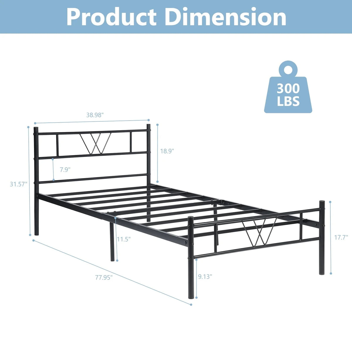 Twin Size Metal Bed Frame, No Box Spring Needed, Noise Free Carbon Steel Bed Foundation, Child, Black