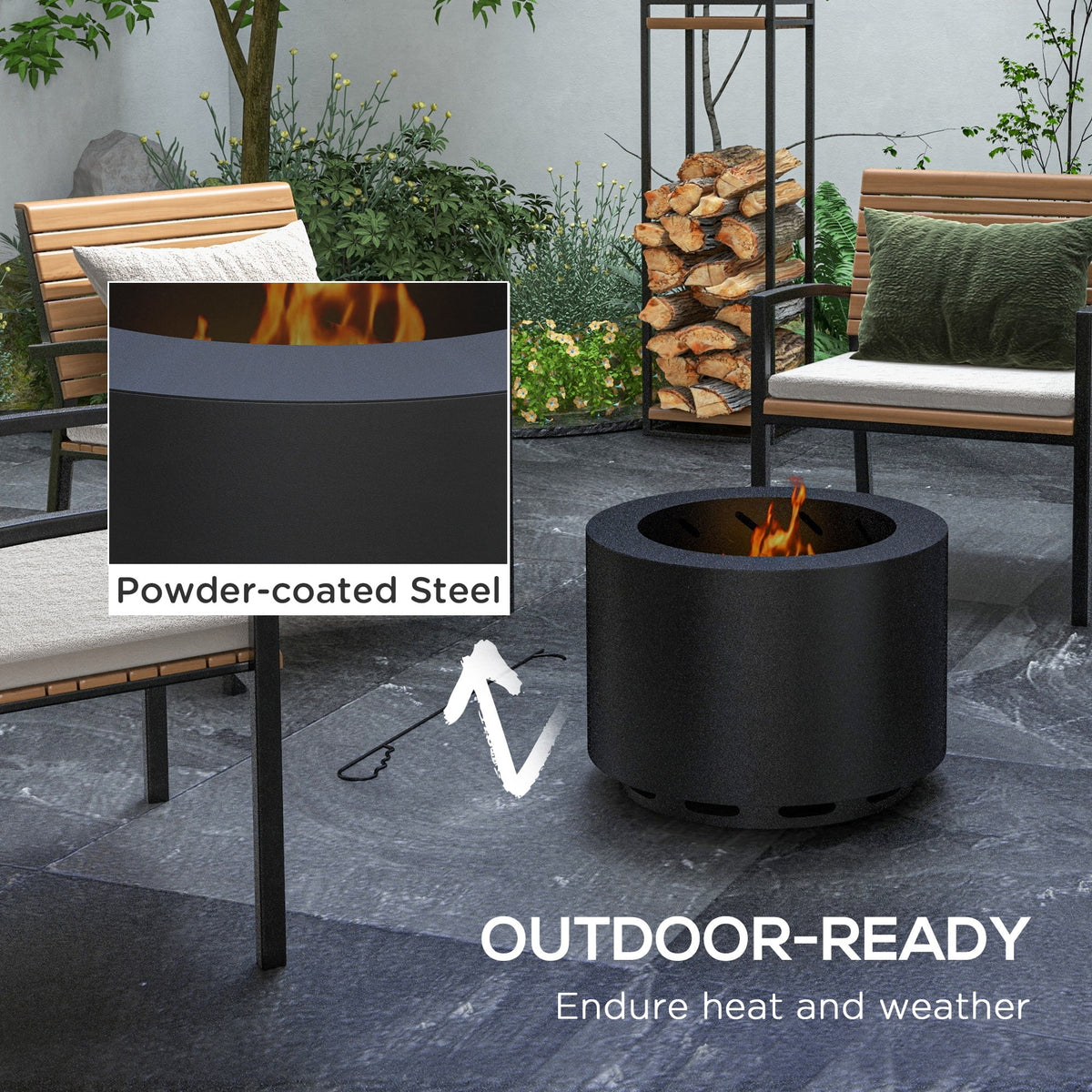 Outsunny Smokeless Fire Pit w/ Poker, 19" Firepit, Steel, Black