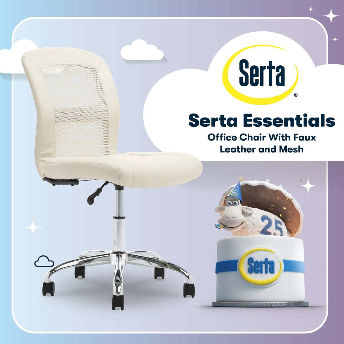 Serta Essentials Armless Task Chair, Faux Leather and Mesh, Cream