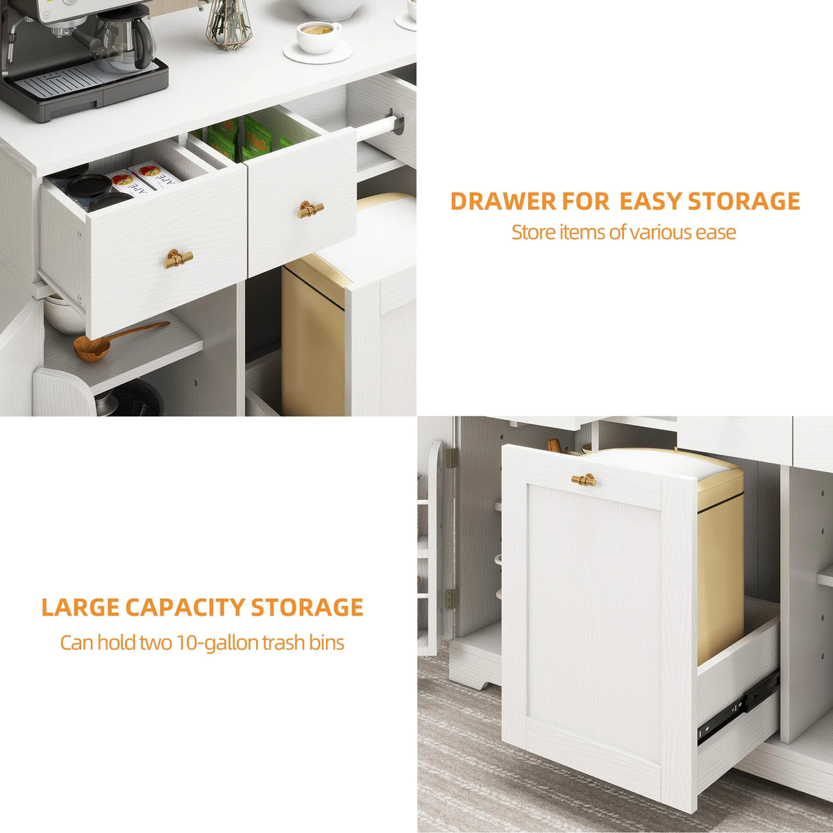 Craftian Kitchen Island with Drop Leaf & Power Outlets, Kitchen Cart with Trash Storage, White