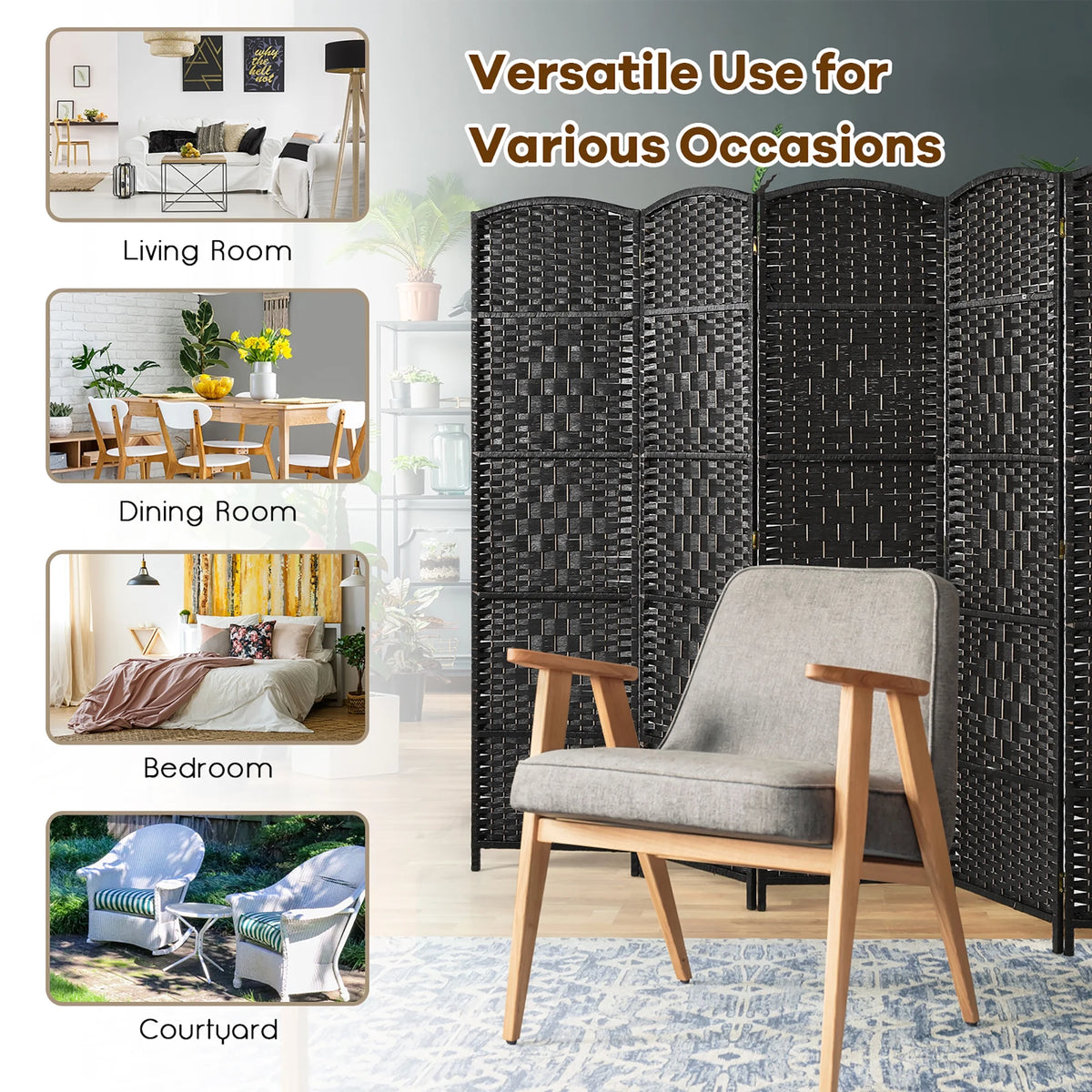Costway 6-Panel Room Divider 6Ft Weave Fiber Folding Privacy Screen Brown