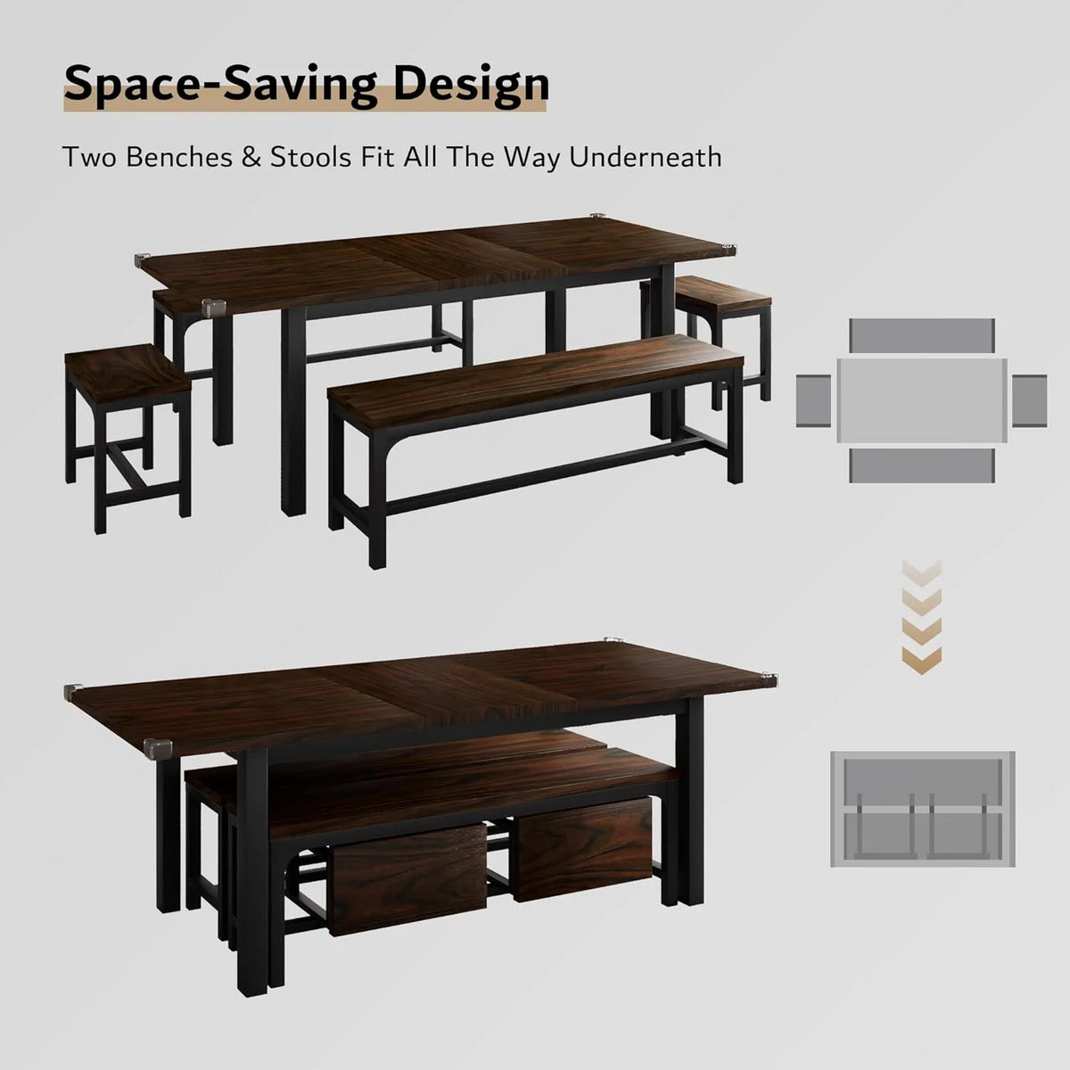 iPormis 5-Piece Dining Table Set for 4-8 People, Extendable Kitchen Table Set with 2 Benches and 2 Square Stools, Black