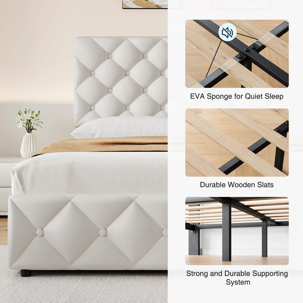 TROPOW Full Size Bed Frame,with 4 Storage Drawers and Adjustable Headboard, Linen Upholstered Platform Bed Frame, Diamond Stitched Button Tufted, No Box Spring Needed,White