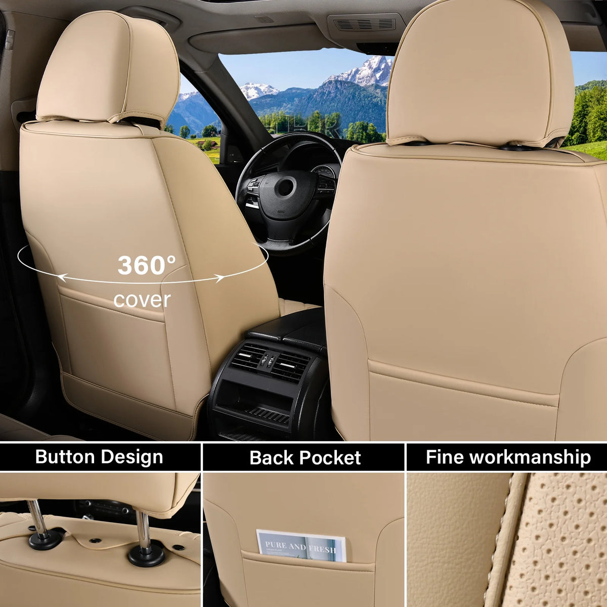 Coverado Black Front Car Seat Covers, Stylish Waterproof Premium Leather Automotive Seat Protectors, Airbag Compatible Auto Interior Accessories Universal Fit for Most Cars SUV Pick-up Trucks
