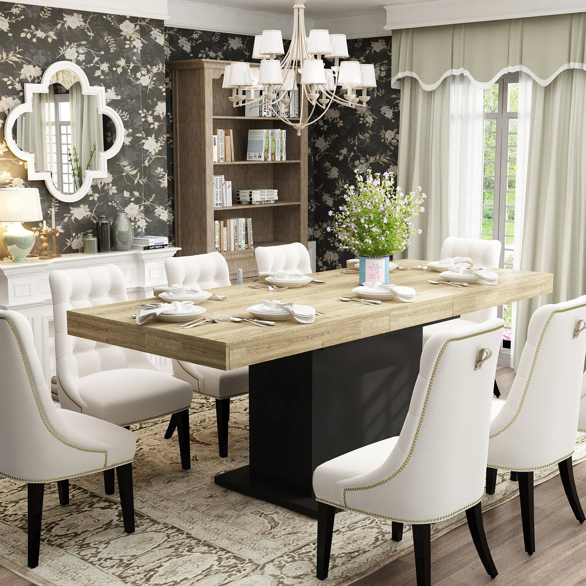 KULAGAGA  6-8 People Modern Extendible Dining Table, Rectangular Space-Saving Expandable Dining Table, Oak&White