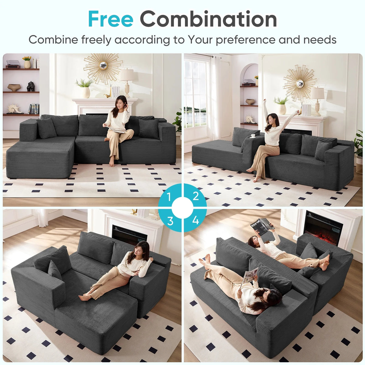 ZAFLY 106" Cloud Sectional Couch with Chaise, No Assembly Required L Shaped Sleeper Sofa, Oversized Deep Seat Modular Couches and Sofas for Living Room - Right, Black