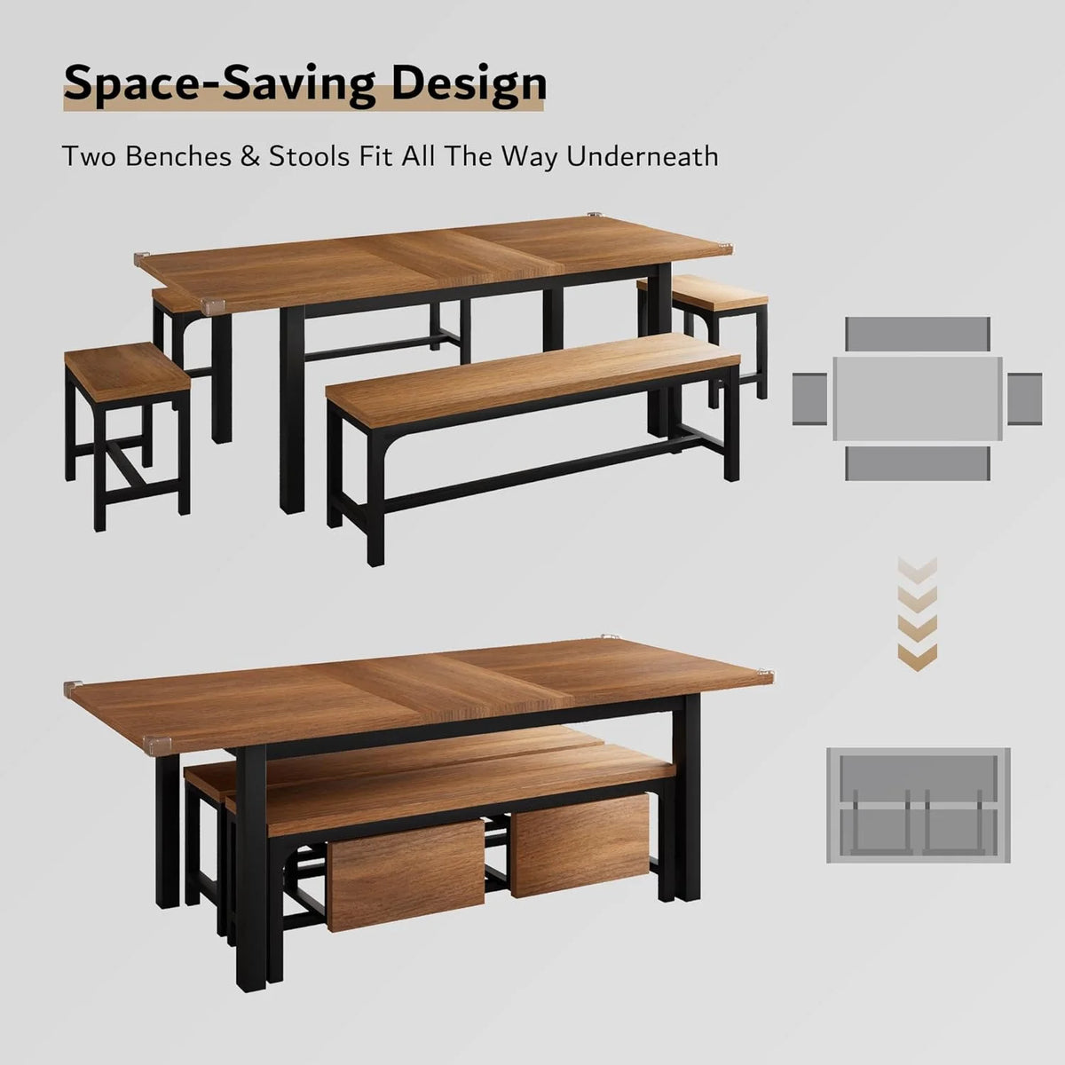 iPormis 5-Piece Dining Table Set for 4-8 People, Extendable Kitchen Table Set with 2 Benches and 2 Square Stools, Black