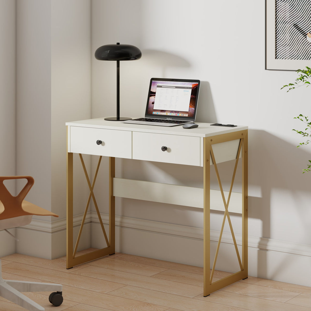 Manxile Fluted Computer Desk with USB Ports & Power Outlet, Modern White Study Table with Drawers